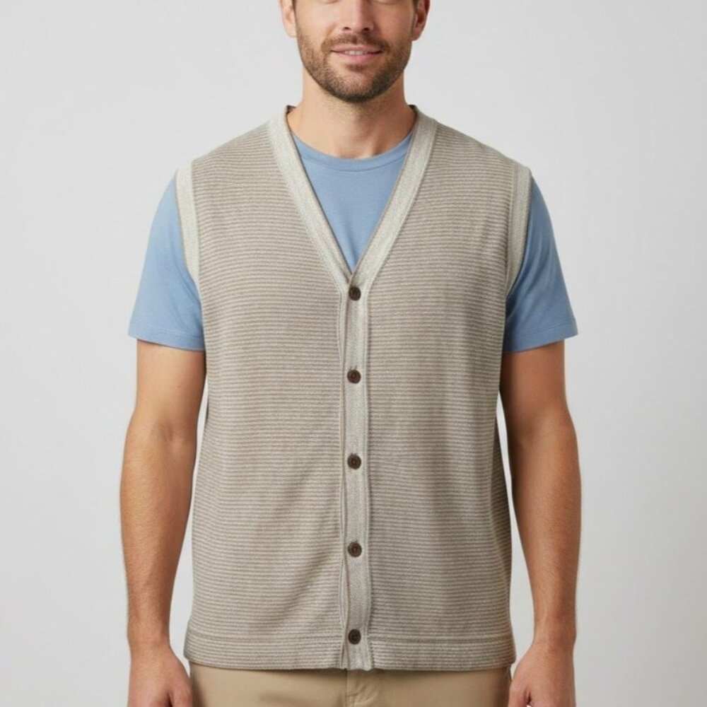 Vintage Britches Georgetowne Size L Gray Beige Stripe Linen Blend Cardigan Vest